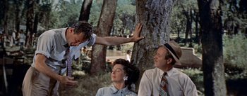 Movie still from “Picnic” (1955), directed by Joshua Logan – A man standing next to two women in front of a tree; Medium shot, Low angle