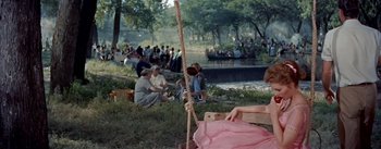 Movie still from “Picnic” (1955), directed by Joshua Logan – A group of people sitting on the grass next to a body of water; Wide shot, Over the shoulder angle