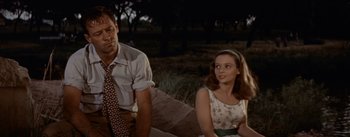 Movie still from “Picnic” (1955), directed by Joshua Logan – A man and a woman sitting next to each other on the ground; Medium shot, Low angle