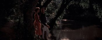 Movie still from “Picnic” (1955), directed by Joshua Logan – A man and a woman standing next to each other near a body of water; Wide shot, High angle