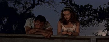 Movie still from “Picnic” (1955), directed by Joshua Logan – A man and a woman leaning on a fence; Medium shot, Low angle