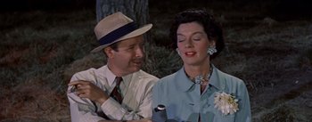 Movie still from “Picnic” (1955), directed by Joshua Logan – An older man and a woman sitting next to each other in front of a tree; Close Up shot, High angle