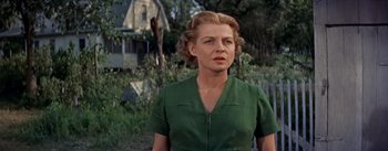 Movie still from “Picnic” (1955), directed by Joshua Logan – A person wearing a green shirt near a house; Close Up shot, Low angle