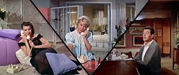 Movie still from “Pillow Talk” (1959), directed by Michael Gordon – A woman talking on a phone in a living room; Medium shot, Overhead angle