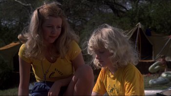 Movie still from “Piranha” (1978), directed by Joe Dante – Two young girls sitting on the ground in front of a tree; Medium shot, Low angle