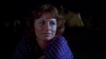 Movie still from “Piranha” (1978), directed by Joe Dante – A person sitting in a room; Close Up shot, Over the shoulder angle