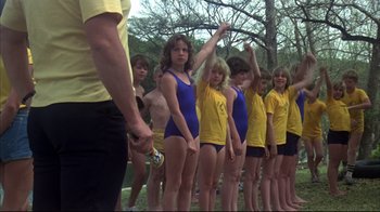 Movie still from “Piranha” (1978), directed by Joe Dante – A group of young people standing next to each other; Wide shot, High angle