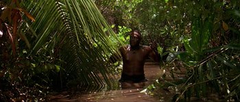 Movie still from “Pirates” (1986), directed by Roman Polanski – A man in the water next to a palm tree; Wide shot, High angle