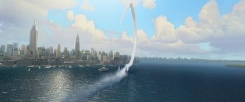 Movie still from “Planes: Fire & Rescue” (2014), directed by Bobs Gannaway – An image of an airplane flying in the sky over the water; Extreme Wide shot, Low angle