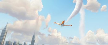 Movie still from “Planes: Fire & Rescue” (2014), directed by Bobs Gannaway – An airplane is flying in the sky near a building; Extreme Wide shot, Low angle