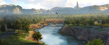 Movie still from “Planes: Fire & Rescue” (2014), directed by Bobs Gannaway – An artistic rendering of a bridge over a river; Extreme Wide shot, High angle