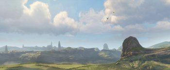 Movie still from “Planes: Fire & Rescue” (2014), directed by Bobs Gannaway – A painting of a mountain range with a sky filled with fluffy clouds; Extreme Wide shot, Low angle