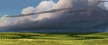 Movie still from “Planes: Fire & Rescue” (2014), directed by Bobs Gannaway – An airplane is flying in the sky over a green field; Extreme Wide shot, Low angle