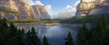 Movie still from “Planes: Fire & Rescue” (2014), directed by Bobs Gannaway – An oil painting of a lake surrounded by mountains and trees; Extreme Wide shot, High angle