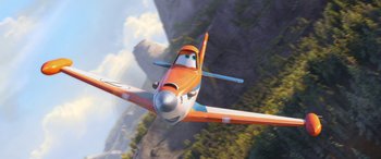 Movie still from “Planes: Fire & Rescue” (2014), directed by Bobs Gannaway – An orange and white airplane flying over a mountain; Wide shot, Low angle