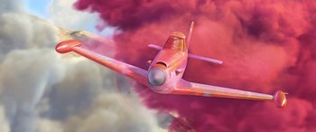 Movie still from “Planes: Fire & Rescue” (2014), directed by Bobs Gannaway – An airplane flying through the air with smoke coming from it; Extreme Wide shot, Low angle