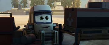 Movie still from “Planes: Fire & Rescue” (2014), directed by Bobs Gannaway – The face of a cartoon character; Medium shot, Low angle