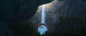 Movie still from “Planes: Fire & Rescue” (2014), directed by Bobs Gannaway – An airplane flying over a bridge with a waterfall in the background; Extreme Wide shot, High angle