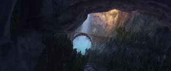 Movie still from “Planes: Fire & Rescue” (2014), directed by Bobs Gannaway – An image of a bridge in the middle of a forest; Extreme Wide shot, Overhead angle