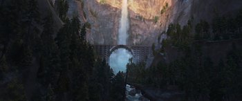 Movie still from “Planes: Fire & Rescue” (2014), directed by Bobs Gannaway – An image of a bridge in the middle of a forest; Extreme Wide shot, High angle