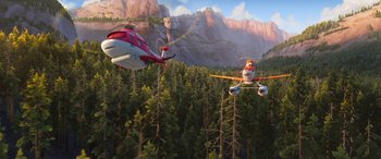 Movie still from “Planes: Fire & Rescue” (2014), directed by Bobs Gannaway – Two cartoon characters flying over a forest; Extreme Wide shot, Low angle