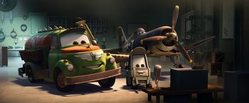 Movie still from “Planes: Fire & Rescue” (2014), directed by Bobs Gannaway – The cars are parked in a garage with a plane and a car; Wide shot, Low angle