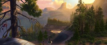 Movie still from “Planes: Fire & Rescue” (2014), directed by Bobs Gannaway – An artistic painting of a road with a mountain in the background; Extreme Wide shot, High angle