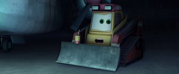 Movie still from “Planes: Fire & Rescue” (2014), directed by Bobs Gannaway – A cartoon character with a bucket; Medium shot, Low angle