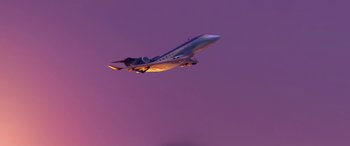 Movie still from “Planes: Fire & Rescue” (2014), directed by Bobs Gannaway – An airplane is flying in the sky at sunset; Extreme Wide shot, Low angle