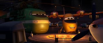 Movie still from “Planes: Fire & Rescue” (2014), directed by Bobs Gannaway – Two cartoon characters are next to each other in a hangar; Wide shot, Low angle