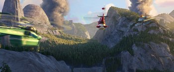 Movie still from “Planes: Fire & Rescue” (2014), directed by Bobs Gannaway – An animated helicopter flying over a mountain with smoke billowing from it; Extreme Wide shot, High angle