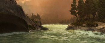 Movie still from “Planes: Fire & Rescue” (2014), directed by Bobs Gannaway – A painting of a body of water with trees in the background; Extreme Wide shot, High angle