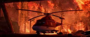 Movie still from “Planes: Fire & Rescue” (2014), directed by Bobs Gannaway – An orange and white helicopter in front of a forest fire; Wide shot, Low angle