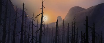 Movie still from “Planes: Fire & Rescue” (2014), directed by Bobs Gannaway – The sun is setting over a forest of dead trees; Extreme Wide shot, Low angle