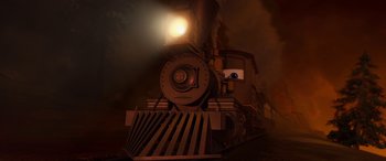 Movie still from “Planes: Fire & Rescue” (2014), directed by Bobs Gannaway – A train is traveling down the tracks at night; Wide shot, Low angle