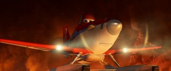 Movie still from “Planes: Fire & Rescue” (2014), directed by Bobs Gannaway – An animated plane is shown in the night sky; Wide shot, Low angle