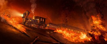 Movie still from “Planes: Fire & Rescue” (2014), directed by Bobs Gannaway – A train traveling down a track near a forest fire; Extreme Wide shot, High angle