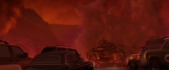 Movie still from “Planes: Fire & Rescue” (2014), directed by Bobs Gannaway – A car is parked in front of a burning house; Extreme Wide shot, Low angle