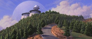 Movie still from “Planet 51” (2009), directed by Javier Abad – An artist's rendering of a tree - lined road in the middle of a wooded area; Extreme Wide shot, High angle