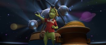 Movie still from “Planet 51” (2009), directed by Javier Abad – An animated character is standing in front of a bunch of planets; Wide shot, High angle