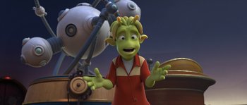 Movie still from “Planet 51” (2009), directed by Javier Abad – A cartoon of a person with a red shirt; Medium shot, High angle