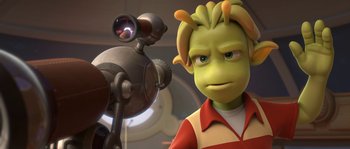 Movie still from “Planet 51” (2009), directed by Javier Abad – An animated character is looking at the camera; Close Up shot, Over the shoulder angle