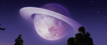 Movie still from “Planet 51” (2009), directed by Javier Abad – A purple and white moon with a ring around it; Extreme Wide shot, Low angle