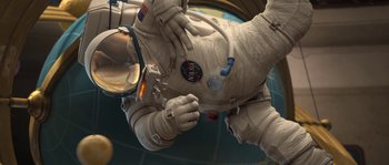 Movie still from “Planet 51” (2009), directed by Javier Abad – An image of a person in a spacesuit; Wide shot, Overhead angle