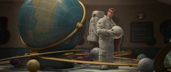 Movie still from “Planet 51” (2009), directed by Javier Abad – An animated character in a spacesuit holding a space helmet; Wide shot, High angle