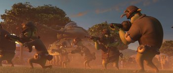 Movie still from “Planet 51” (2009), directed by Javier Abad – A group of people are fighting in a field; Wide shot, Low angle