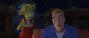 Movie still from “Planet 51” (2009), directed by Javier Abad – A man and a woman are looking at each other; Close Up shot, Over the shoulder angle