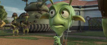 Movie still from “Planet 51” (2009), directed by Javier Abad – An animated creature is looking at the camera; Close Up shot, High angle