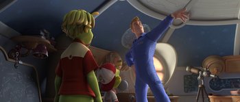 Movie still from “Planet 51” (2009), directed by Javier Abad – A scene from the animated film , " planet 5 1 "; Medium shot, Over the shoulder angle