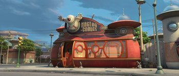 Movie still from “Planet 51” (2009), directed by Javier Abad – An animated building with a giant eye on the front of the building; Extreme Wide shot, Low angle